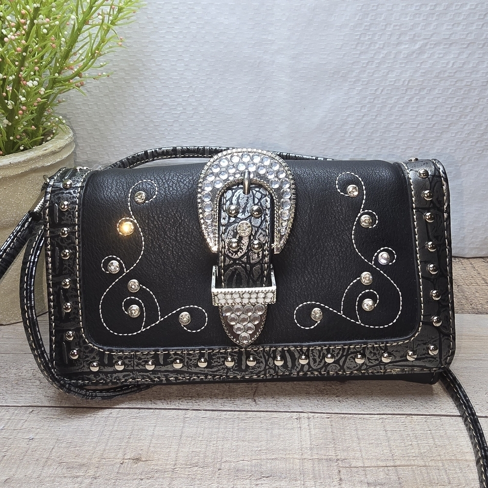 Chic Black Studded Clutch with Buckle Western Flair COCHELLA